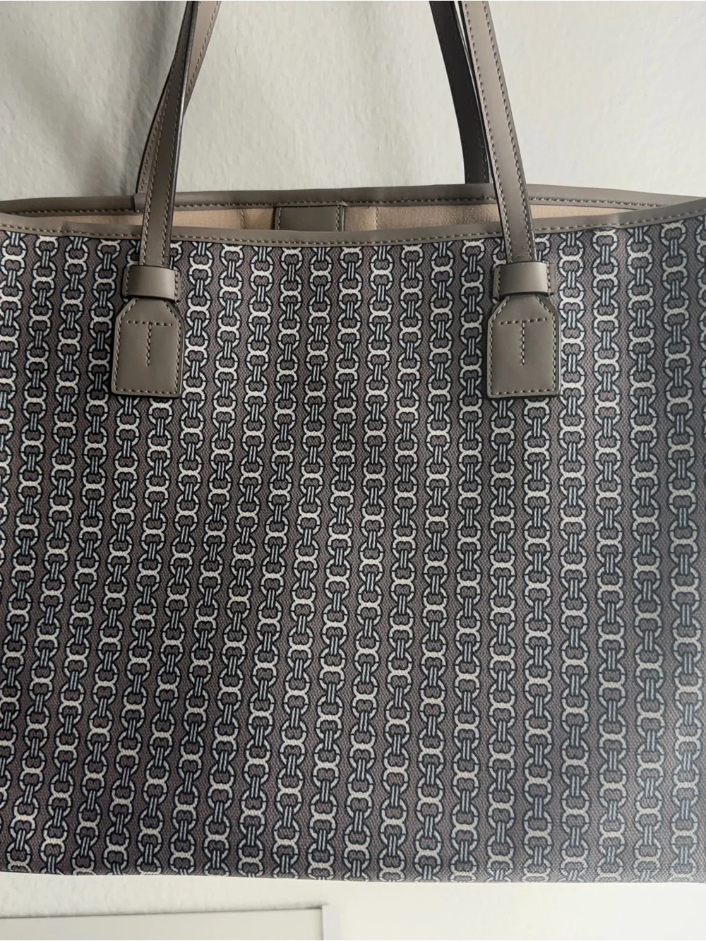 Tory Burch Beige and Navy Striped Logo Tote